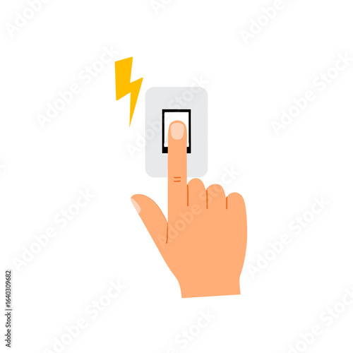 Hand pressing a light switch with a lightning bolt symbolizing energy and electricity activation concept