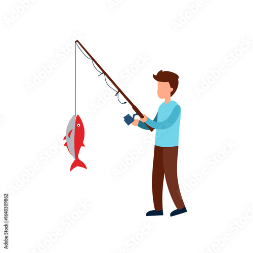 Young man proudly holding a fishing rod with two fish caught on a hook in hand