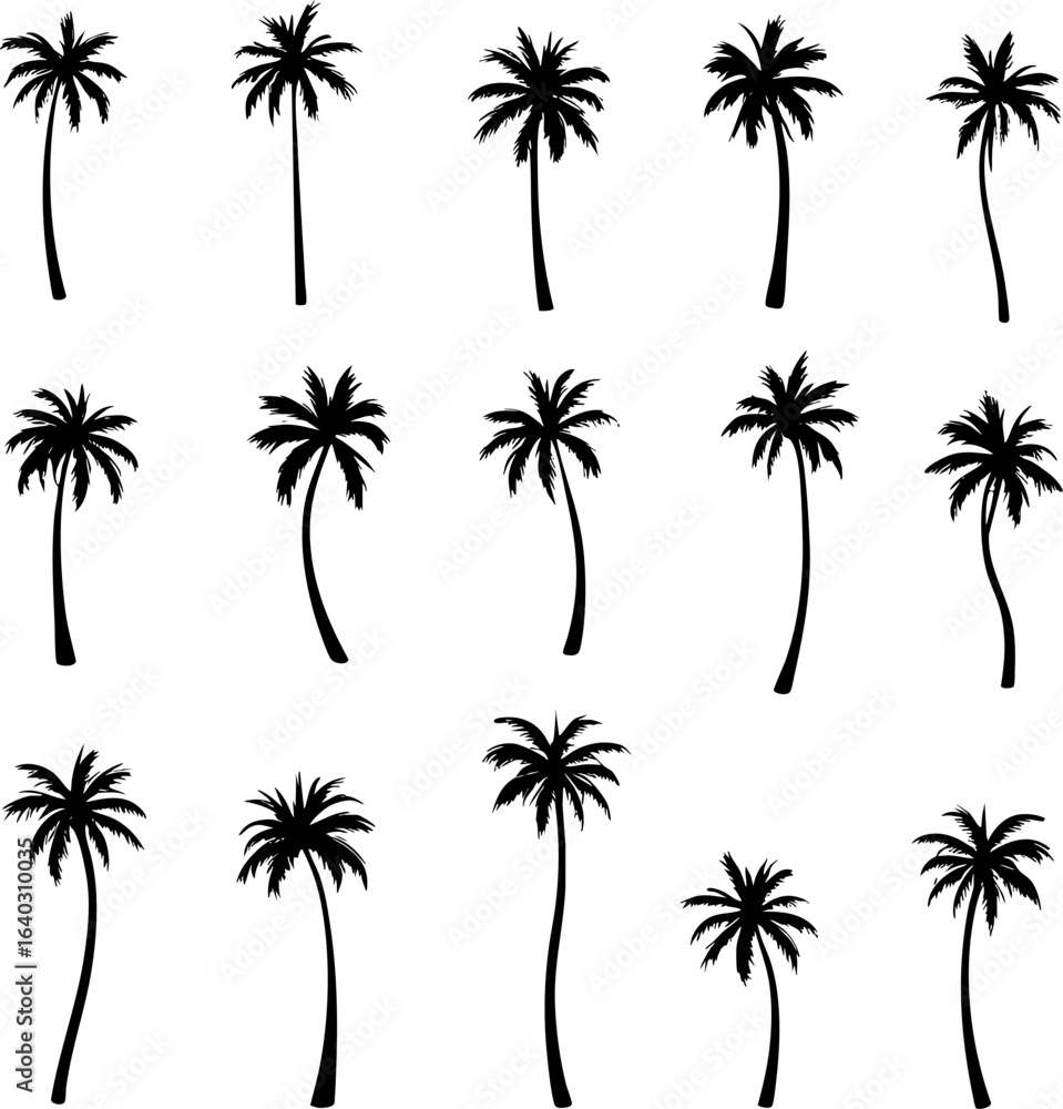 Fototapeta premium Set of Palm Tree Silhouettes in Various Shapes Isolated on White Background