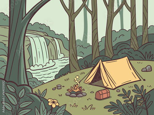 Secret forest clearing campsite with waterfall nearby	