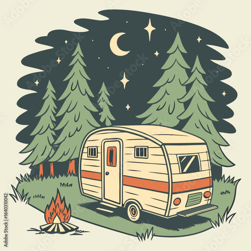 Vintage style camping scene with classic caravan and campfire	