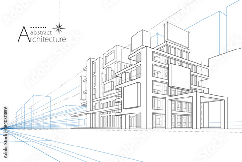 3D illustration abstract urban building out-line drawing of imagination architecture building construction design.
