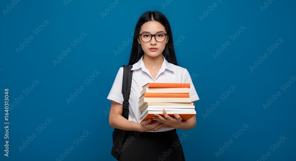 A young woman with long black hair and glasses holding a stack of books against a blue background. back to school A young woman with long black hair and glasses holding a stack of books against a blue background. back to school
