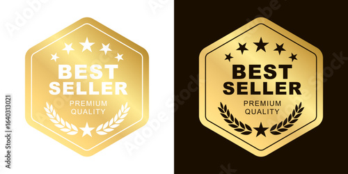 Best seller sticker label, gold badge Hexagon shape and text minimal luxury with stars and laurel wreath icon, Premium Quality, for use to book cover label, shopping website or your product the Best