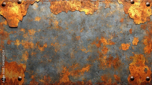 Rusty metal sheet with rivets texture background showing aging and corrosion.