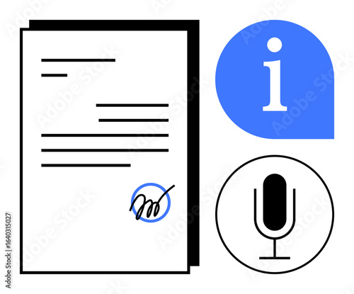Signed agreement document, blue information symbol, black microphone icon. Ideal for legal contracts, communication, documentation, agreements, business solutions, customer support simple landing