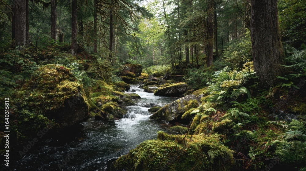 Fototapeta premium Mossy Rocks and Stream in Lush Forest