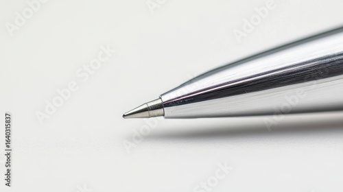 Close-up of a sleek, silver pen tip against a white background, highlighting its polished design and precision for writing.