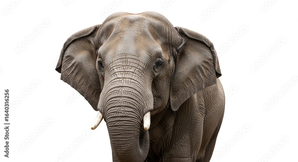 Fototapeta premium A majestic Asian elephant with small tusks looking directly at the camera, isolated on a plain white background.