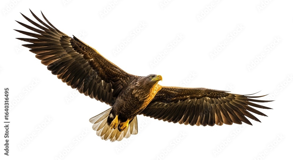Obraz premium A majestic brown eagle with a yellow beak soars gracefully with its wings fully spread, isolated on a white background.