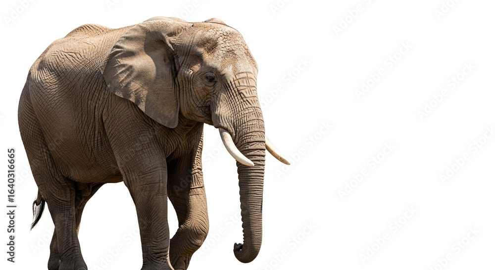 Obraz premium A large African elephant with ivory tusks walking forward, isolated against a plain white background.
