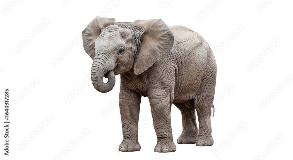 Fototapeta premium A young gray elephant standing with its trunk curled, isolated on a pure white background.