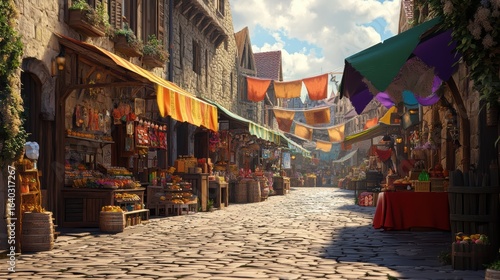 A vibrant market street lined with colorful stalls, banners, and cobblestone, exuding a lively, medieval atmosphere.