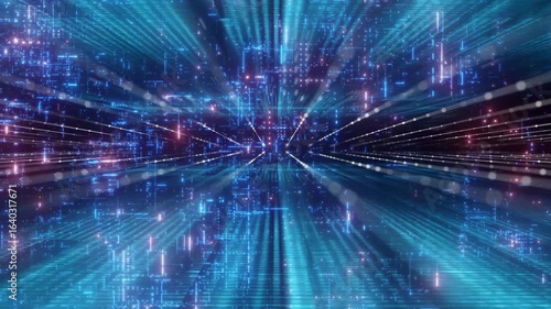 Wallpaper Mural CGI flythrough of digital tunnel with glowing particles in dark space. Torontodigital.ca