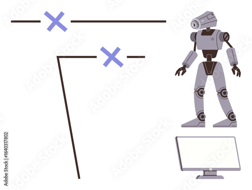 Robot and abstract navigation marks with blank computer screen. Ideal for robotics, AI, technology, automation, programming, digital interfaces, innovation themes. Simple flat metaphor