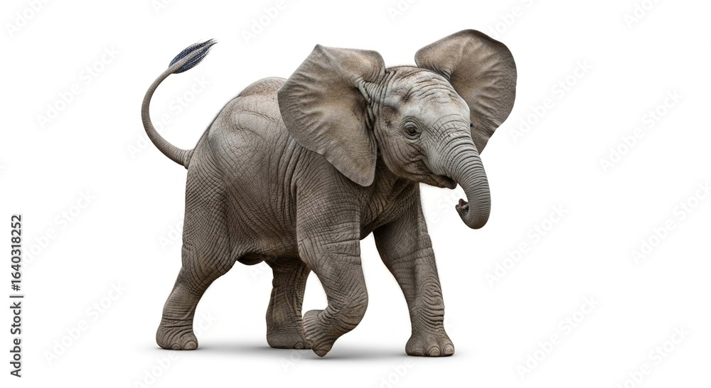 Fototapeta premium A young African elephant calf walking forward with its tail raised against a clean white background.