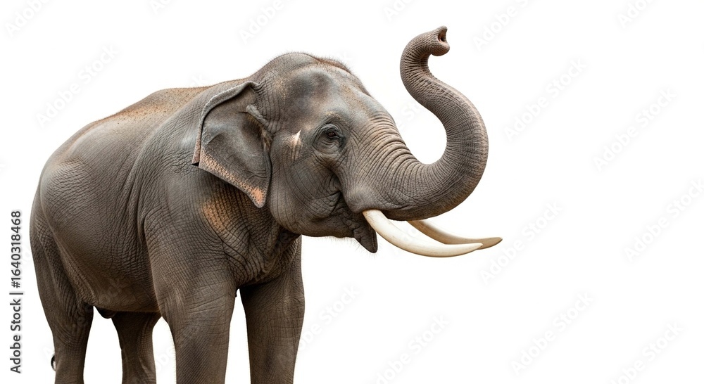 Naklejka premium A large Asian elephant with ivory tusks stands with its trunk curled and raised high on a white background.
