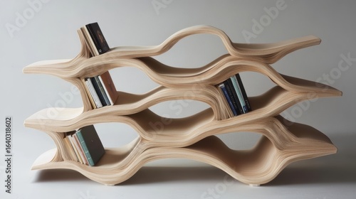 A modern, wavy bookshelf design made of wood, showcasing a unique aesthetic while holding several books in an artistic manner.