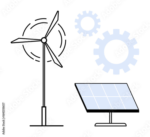 Wind turbine spinning and solar panel converting sunlight, accompanied by gear shapes for innovation. Ideal for renewable energy, innovation, eco-consciousness, sustainability, clean technology
