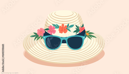 A stylish wide-brimmed straw sun hat decorated with tropical flowers and sunglasses. A concept for summer vacation and beach getaways.