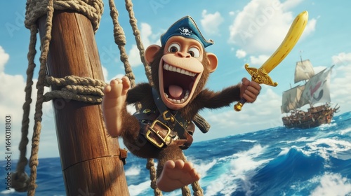 A playful monkey dressed as a pirate holds a sword while climbing a ship's mast, with a ship sailing in the background under a bright sky.