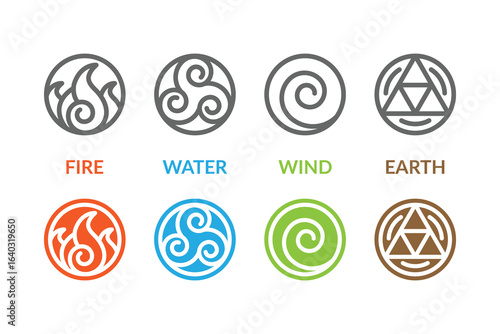 Symbols of the elements fire, water, wind and earth.