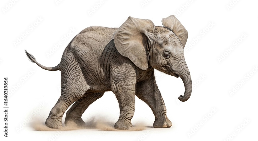 Fototapeta premium Side profile of a young African elephant calf running and kicking up dust, isolated on a white background.