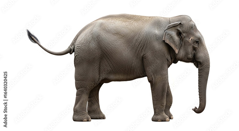 Obraz premium Full body side profile of a large grey Asian elephant standing still, isolated on a plain white background.