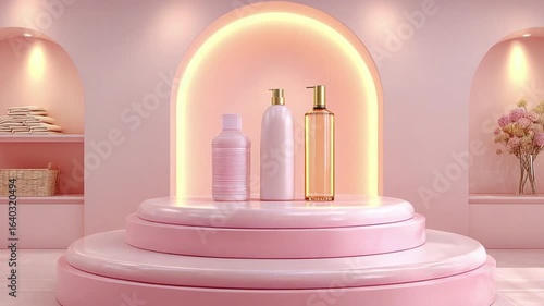 Minimalist pink display with beauty products on a tiered pedestal, surrounded by arched niches featuring towels, a basket, and floral decor.
