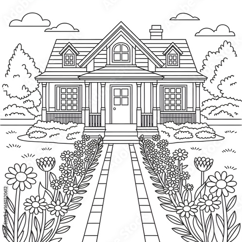 A beautiful flower path in front of a house coloring page line art