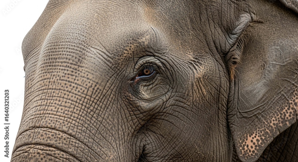 Fototapeta premium A detailed close-up of an elephant's face, showing its expressive eye, large ear, and wrinkled grey skin against a white background.
