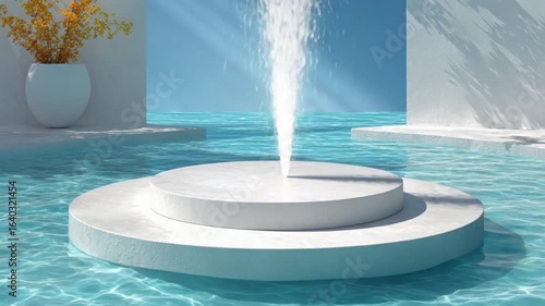 A modern, minimalistic white circular platform floats in a clear blue pool beside a white wall and a large potted plant.