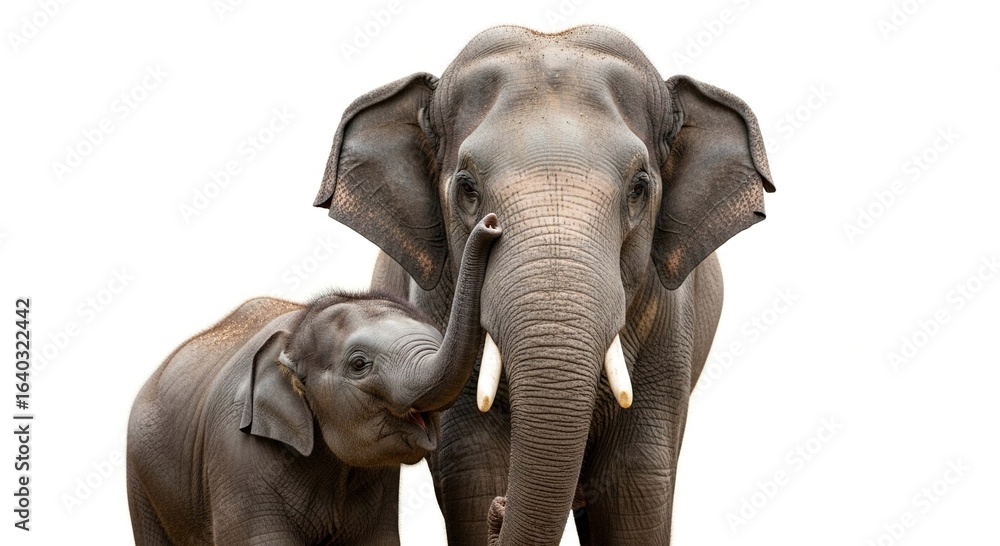 Naklejka premium An affectionate baby elephant reaches its trunk up to its mother, an adult Asian elephant with tusks, isolated on a white background.