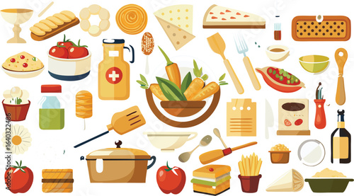 Assortment of food and kitchen items in flat design