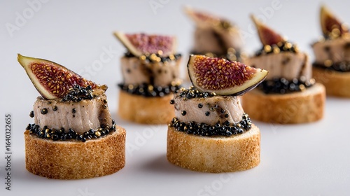 Gourmet canap?s arranged in a row.  Small, round, toasted bread topped with slices of seafood and figs, garnished with black caviar-like sprinkles