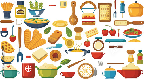 Assortment of food, cooking tools and ingredients in flat design