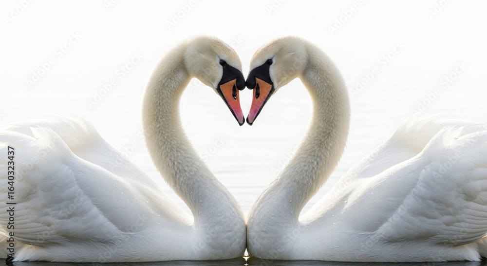 Fototapeta premium Two white swans touch beaks, their elegant curved necks forming a perfect heart shape.