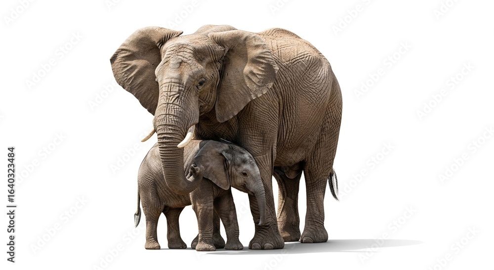 Fototapeta premium An adult African elephant stands protectively with its small calf on an isolated white background.