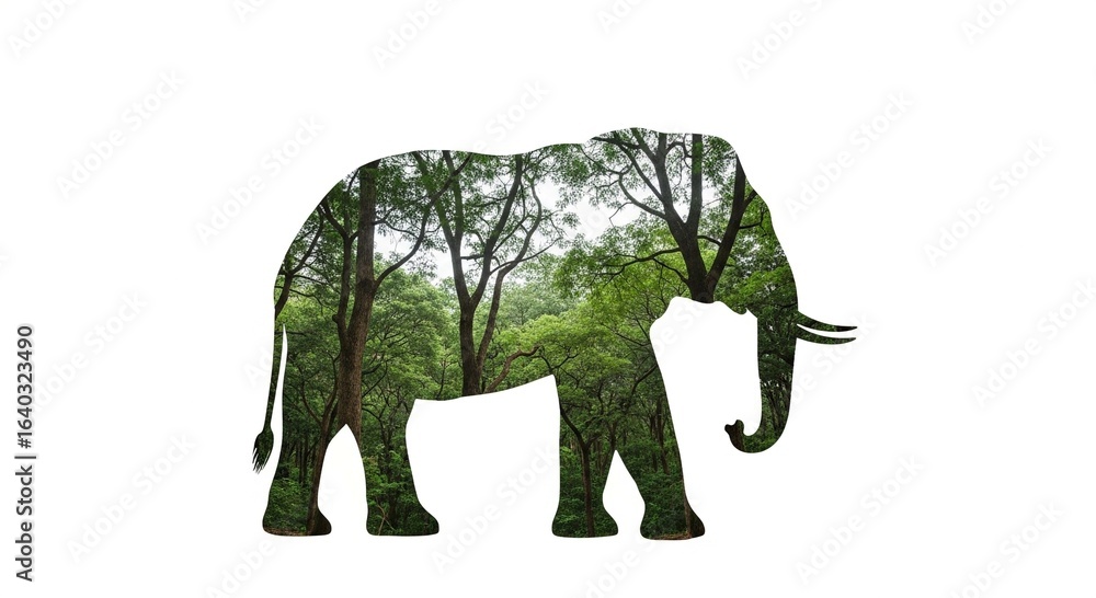 Fototapeta premium Elephant silhouette with a double exposure of a green forest, representing wildlife and its natural habitat.