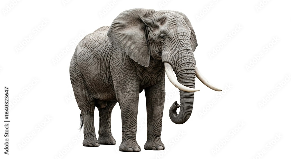 Obraz premium Majestic African bull elephant with large ivory tusks standing isolated on a plain white background.