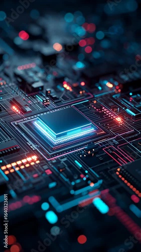 A close-up of a futuristic microchip on a circuit board illuminated with colorful lights.