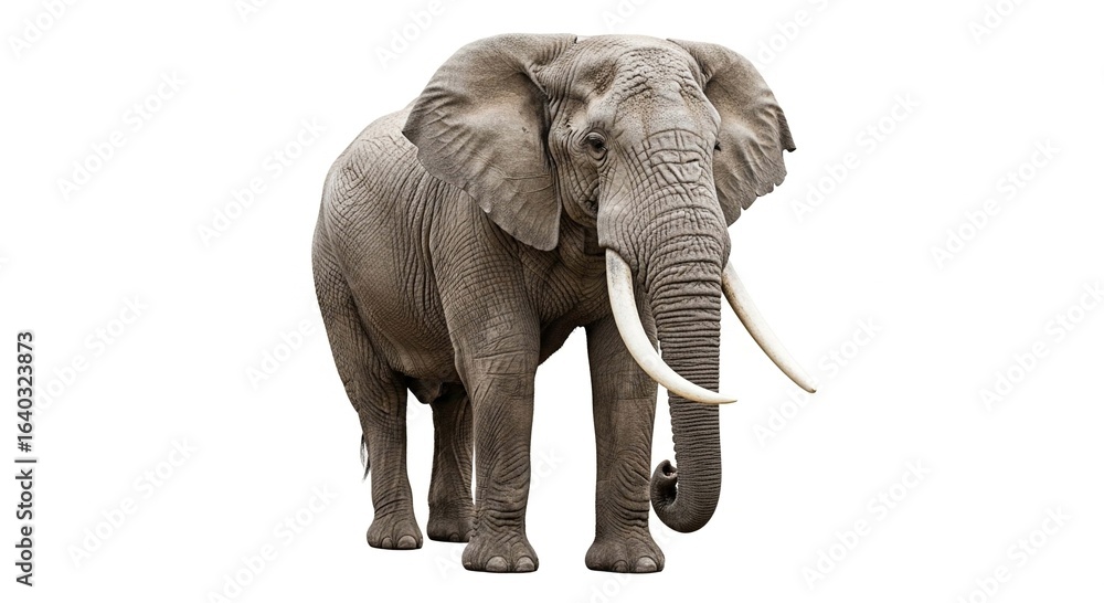 Fototapeta premium A majestic African bull elephant with large white tusks stands facing the camera, isolated on a white background.