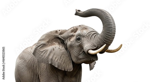 A majestic African elephant with large tusks raises its trunk high, isolated on a clean white background.
