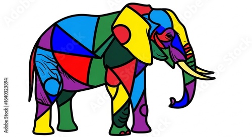 A colorful abstract illustration of a standing elephant with a vibrant mosaic pattern.