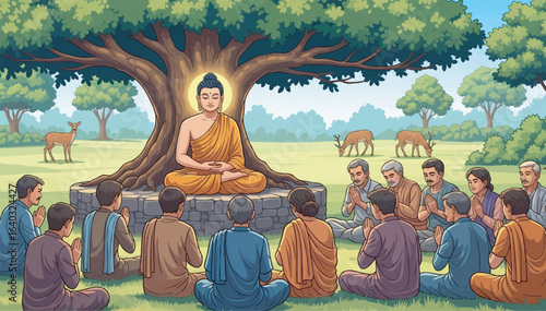 Vector illustration of the Buddha giving his first sermon at Sarnath deer park, seated on a stone wall under a royal tree in saffron robes, with twenty listeners and three deer grazing in the park.