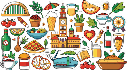 Diverse collection of food drinks and travel icons