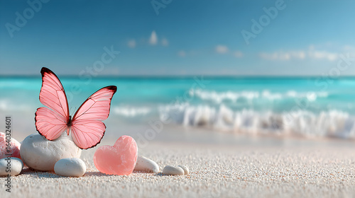 Two pink butterflies on smooth stones on a sandy beach near ocean waves.