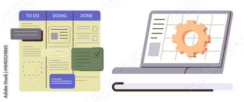 Kanban board tracking tasks through stages, laptop screen displaying gear for workflow automation. Ideal for teamwork, productivity, task management, workflow optimization, agile strategy