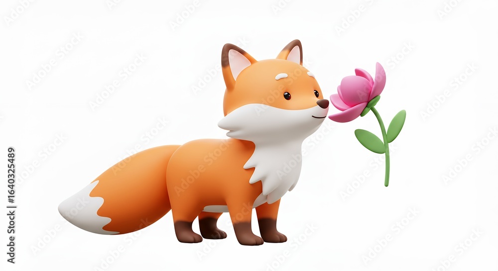 Obraz premium Cute cartoon fox smelling a flower