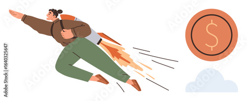 Individual wearing rocket-powered backpack flying upward toward a coin symbolizing success. Ideal for business growth, financial ambition, startup drive, career advancement, innovation, aspirations